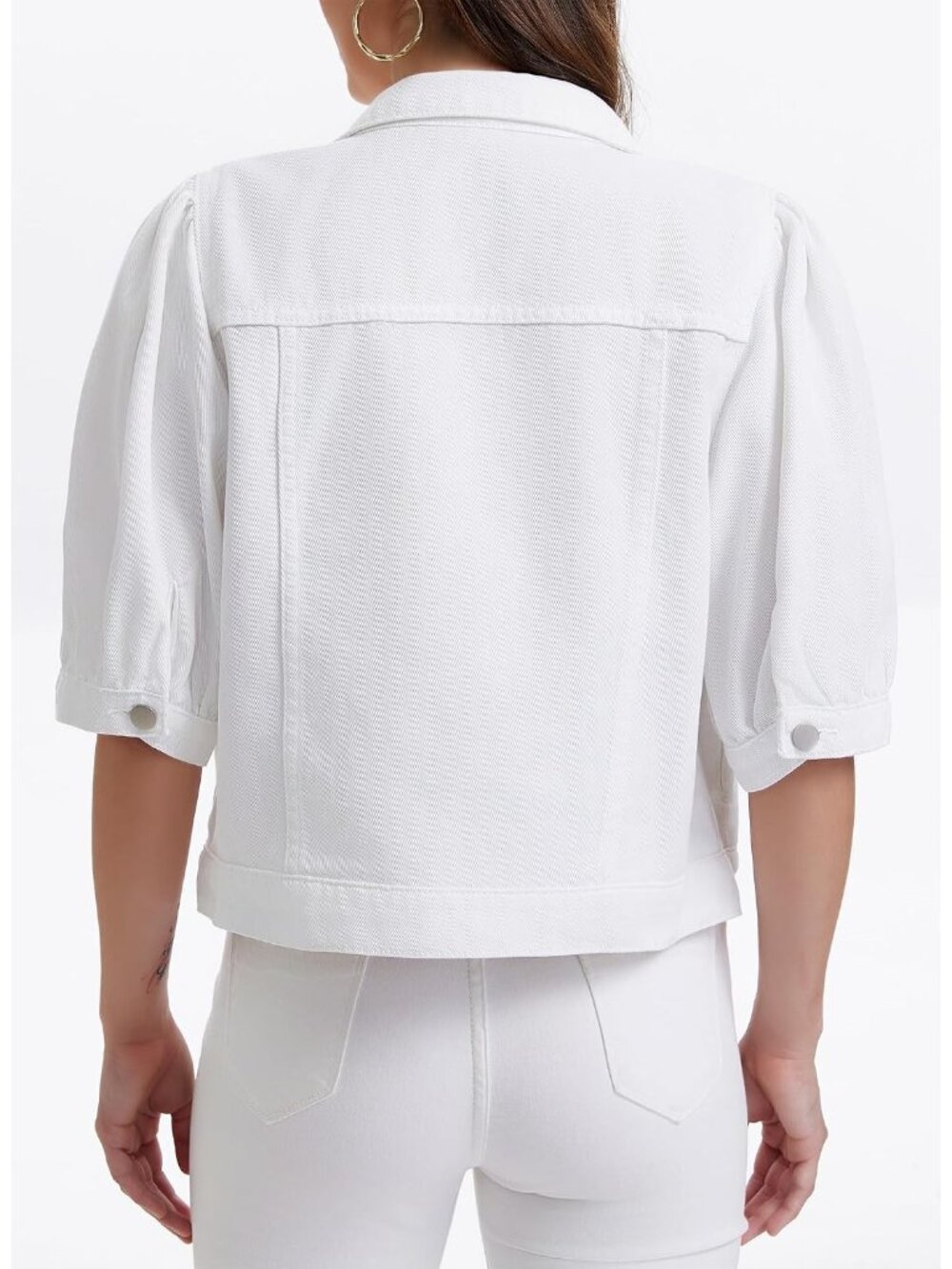 Women's White Cropped Short Puff Sleeve Trendy Denim Jackets with Pockets - Picture 6 of 6